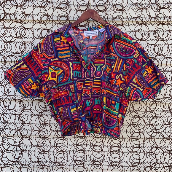 Vintage Tops - Vintage 90s geometric abstract tie waist crop top